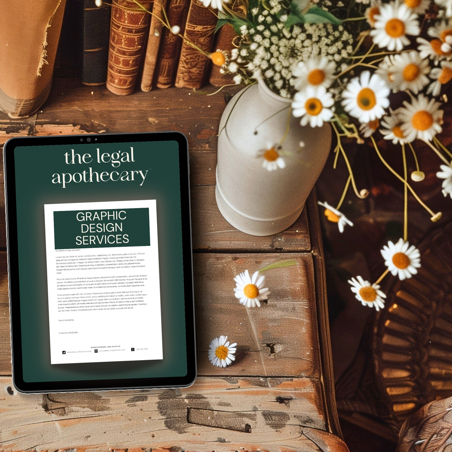 Tablet displaying 'the legal apothecary' and mockup of a Graphic Design Services contract. Tablet is on a wooden surface with flowers and books.