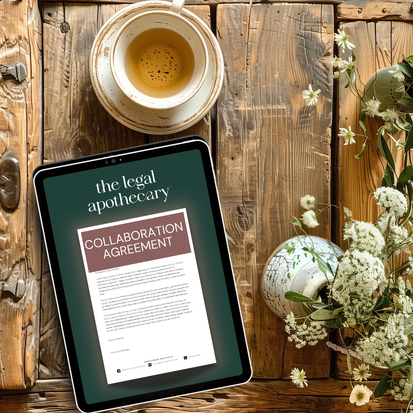Tablet displaying 'The Legal Apothecary Collaboration Agreement' (and dummy text below) on a wooden surface with a cup of tea and flowers.