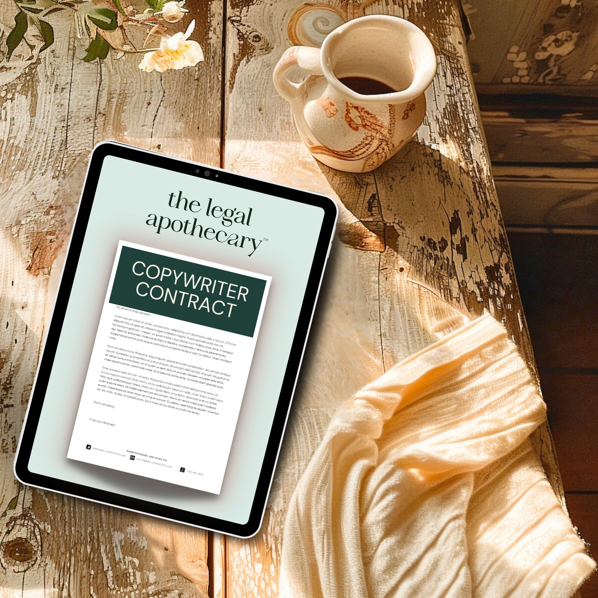 Tablet displaying 'Copywriter Contract' and a contract mockup from 'the legal apothecary' on a wooden surface with a cup of coffee.